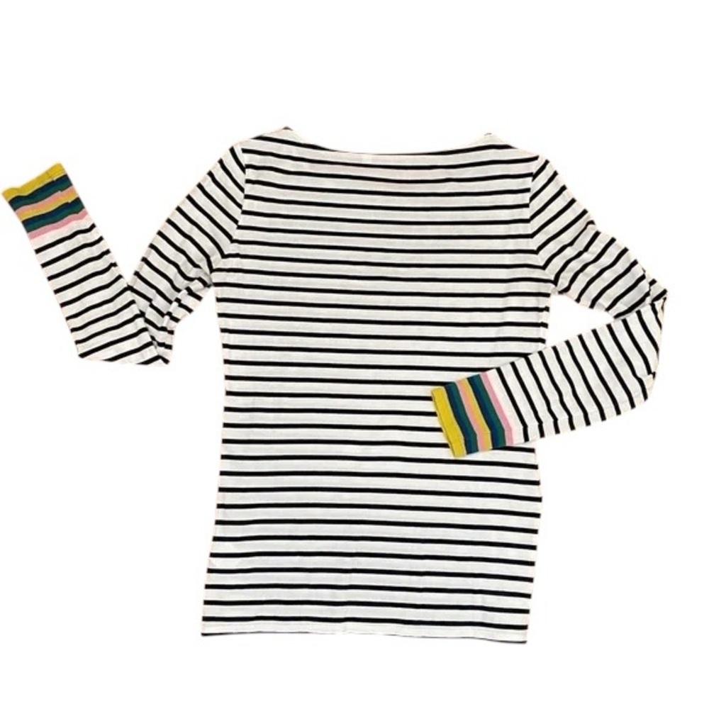 Boden White Black Striped Long Sleeve Tee with Multicolor Cuff Detail